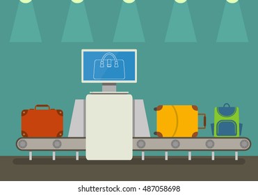 Conveyor Belt At Airport Scanner. Flat Vector Illustration In Cartoon Style