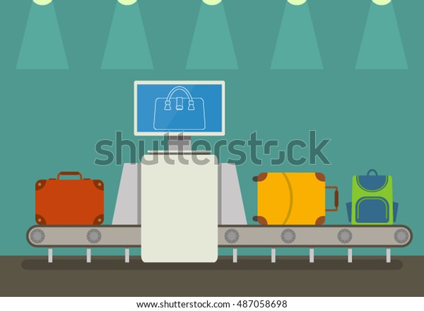 Conveyor belt at airport scanner. Flat vector\
illustration in cartoon\
style