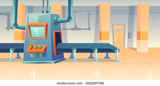 Förderband- und Montagemaschinen in Fabrik, Betrieb oder Lager. Vektorgrafik-Inneneinrichtung der Werkstattproduktionslinie mit automatisierten Maschinen. technische Ausrüstung für die Fertigung