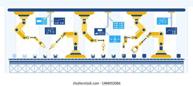 Conveyor belt automation flat vector illustration. Industrial revolution, IOT concept. intelligent Assembling process technology, production innovation. Smart factory machinery, intelligent equipment