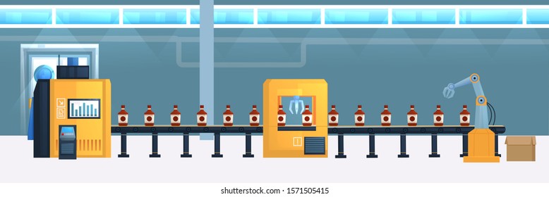 Conveyor Belt With Bottle. Product Package Design. Factory Assembly Process. Cartoon Flat Vector Illustration.