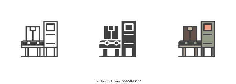 Conveyor belt with box different style icon set. Line, glyph and filled outline colorful version, outline and filled vector sign. Automated assembly line symbol, logo illustration. Vector graphics