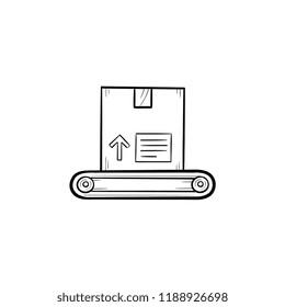 Conveyor belt with box hand drawn outline doodle icon. Machine packaging, automated production line concept. Vector sketch illustration for print, web, mobile and infographics on white background.