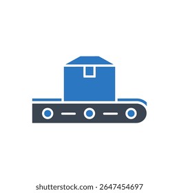 A conveyor belt with a box moving on it icon