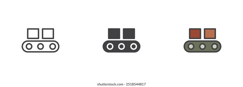 Conveyor belt with boxes different style icon set. Line, glyph and filled outline colorful version, outline and filled vector sign. Symbol, logo illustration. Vector graphics