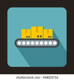 Conveyor belt with boxes icon in flat style on a baby blue background