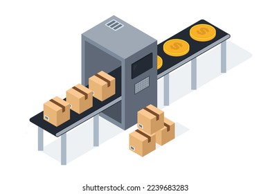 Conveyor Belt Boxes And money  Isometric Vectorart