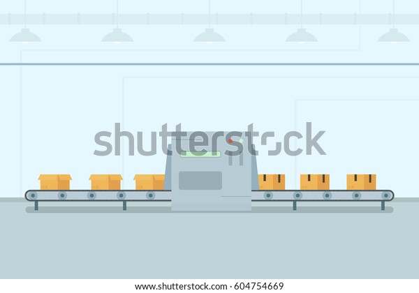 Conveyor belt with boxes on factory. Automatic\
packing of goods. Flat vector\
image