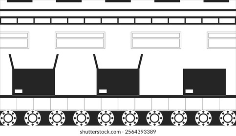 Conveyor belt boxes packing automation black and white line illustration. Logistics cardboard box sealing process automatic 2D monochrome backdrop. Assembly operation in manufacturing outline vector