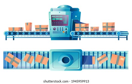 Conveyor belt with cardboard boxes at factory, plant, warehouse or post office. Automated production line with goods or product packages isolated on white background, Cartoon vector illustration