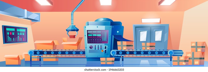 Conveyor belt with cardboard boxes, factory, plant, warehouse or post office interior with automated production line with parcels, goods or product in carton packages, Cartoon vector illustration