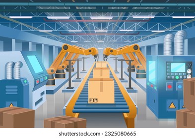 Correa de transporte con cajas de cartón en fábrica, planta o almacén. Vista de perspectiva. Fábricas con máquinas herramienta y un transportador. Interior industrial. Fábrica inteligente. Industria 4.0. Caricatura vectorial 