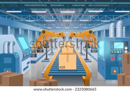 Conveyor belt with cardboard boxes at factory, plant or warehouse. Perspective view. Factories with machine tools and a conveyor. Industrial interior. Smart factory. Industry 4.0. Vector cartoon 