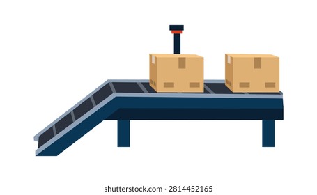 Conveyor Belt with Cardboard Boxes Flat Illustration. Cardboard Boxes on Industrial Conveyor Belt. Warehouse Conveyor System.