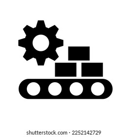 Conveyor belt, cardboard and gear silhouette icon. Manufacturing industry. Vector.