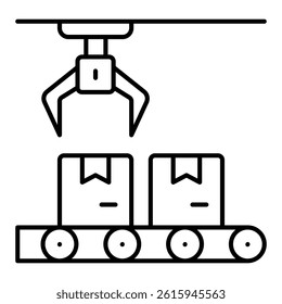 Conveyor belt, crane with boxes thin line icon, delivery concept. Vector graphics. Postage parcels product box sign on white background, linear style for mobile or design