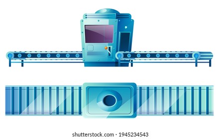 Conveyor belt at factory in front and top view