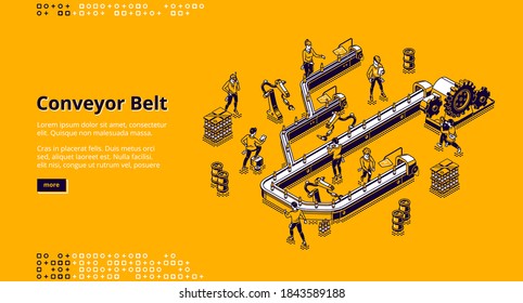 Conveyor Belt At Factory, Plant Or Warehouse. Workshop Production Line With Automated Machinery. Vector Landing Page With Isometric People And Conveyor Belt With Drink Bottles