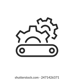 Conveyor belt with gears, linear style icon. Conveyor belt with gears, manufacturing or production line. Editable stroke width.