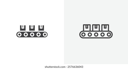 Conveyor belt icon set in black flat solid and outlined style.