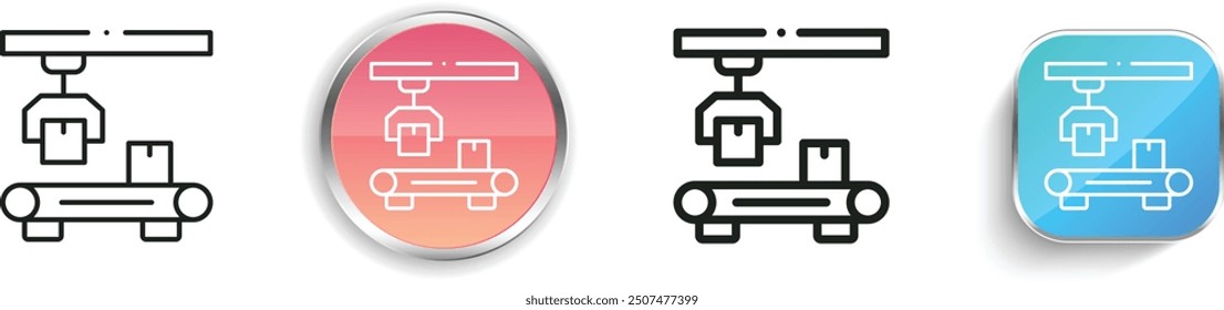Icono de la cinta transportadora. Diseño de estilo lineal delgado, regular y de Botón aislado sobre fondo blanco