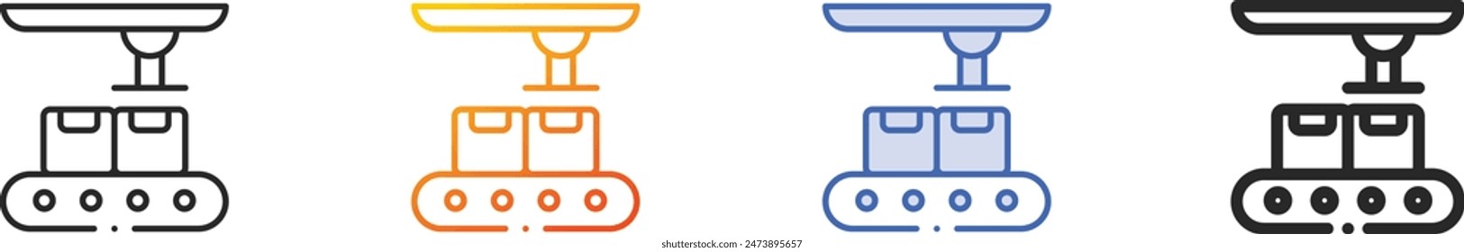 Icono de cinta transportadora.Diseño lineal delgado, degradado, trazo azul y estilo audaz aislado sobre fondo blanco