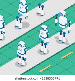 Conveyor belt at an industrial robot manufacturing plant. Mass introduction of modern means of production. Isometric vector concept