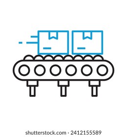 Conveyor belt line icon, linear style pictogram separated against white background. Factory platform symbol. High quality design element. Editable linear style stroke. Vector icon.