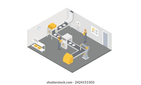 Conveyor belt in the logistics center concept. Warehouse staff working isometry. Sorting parcels vector illustration.