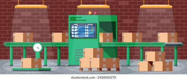 Conveyor belt machine concept interior. Modern factory equipment. Warehouse process service. Package X-ray baggage. Security, logistic and delivery. Cartoon flat vector illustration