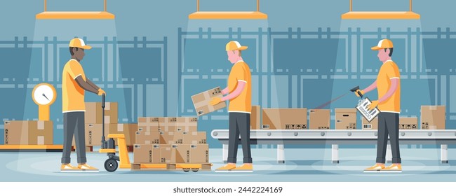 Conveyor Belt Machine Concept in Warehouse. Modern Factory Equipment. Warehouse Process Service. Package X-ray Baggage. Security, Logistic and Delivery. Cartoon Flat Vector Illustration