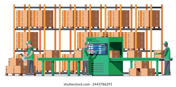 Conveyor belt machine concept in warehouse. Modern factory equipment. Warehouse process service. Package X-ray baggage. Security, logistic and delivery. Cartoon flat vector illustration