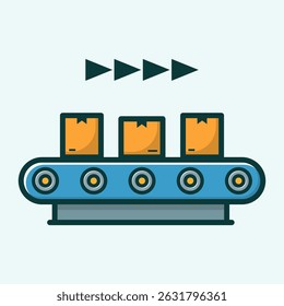 Conveyor belt manufacturing process with boxes cartoon flat design illustration