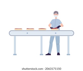 Conveyor belt in meat processing plant with worker packing meat into containers, flat vector illustration isolated on white background. Meat production factory equipment.