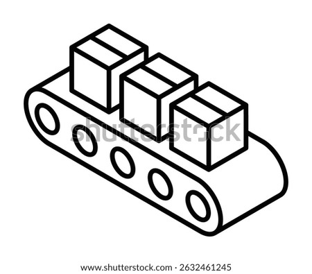 Conveyor belt with moving boxes in factory. Isometric vector icon. Editable stroke.
