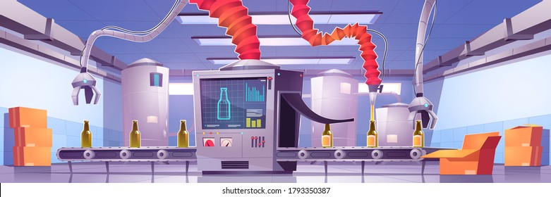 Conveyor belt on beverage production factory. Process of automatic filling beer or juice in green glass bottles on plant. Vector cartoon interior of workshop production line