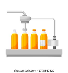 Conveyor Belt with Orange Juice Capping and Labeling Bottles Stage Vector Illustration