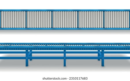 Juego realista de correa de transporte con vista lateral y superior de la línea de automatización de metal azul ilustración vectorial aislada