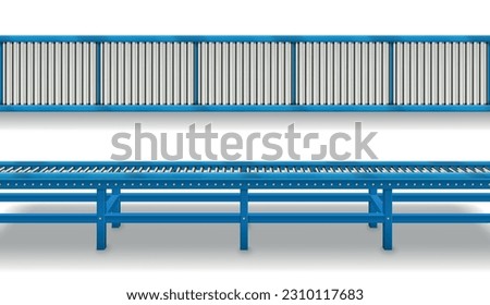 Conveyor belt realistic set with side and top view of blue metal automation line isolated vector illustration