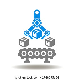 Conveyor belt with robot arm and packaging boxes vector icon. Industry 4.0 or Smart Warehouse Technology Symbol.
