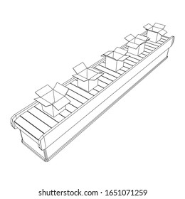 Conveyor belt section with open boxes. Factory production equipment. Wireframe low poly mesh vector illustration