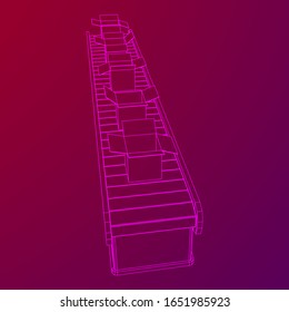 Conveyor belt section with open boxes. Factory production equipment. Wireframe low poly mesh vector illustration
