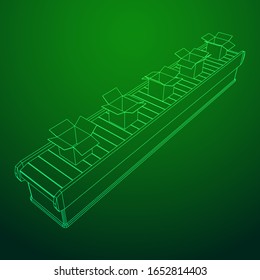 Conveyor belt section with open boxes. Factory production equipment. Wireframe low poly mesh vector illustration