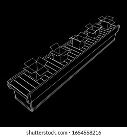 Sección de la correa del contenedor con cajas abiertas. Equipo de producción de fábrica. Ilustración vectorial de malla baja del bastidor de alambres
