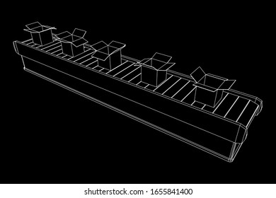 Sección de la correa del contenedor con cajas abiertas. Equipo de producción de fábrica. Ilustración vectorial de malla baja del bastidor de alambres