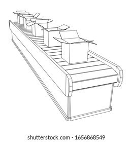 Conveyor belt section with open boxes. Factory production equipment. Wireframe low poly mesh vector illustration