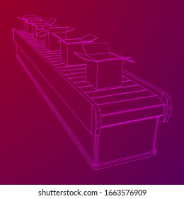 Conveyor belt section with open boxes. Factory production equipment. Wireframe low poly mesh vector illustration