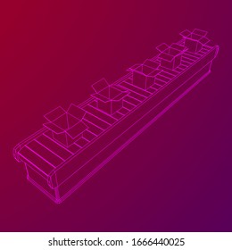 Conveyor belt section with open boxes. Factory production equipment. Wireframe low poly mesh vector illustration
