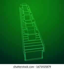 Conveyor belt section with open boxes. Factory production equipment. Wireframe low poly mesh vector illustration