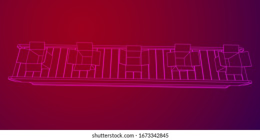 Conveyor belt section with open boxes. Factory production equipment. Wireframe low poly mesh vector illustration